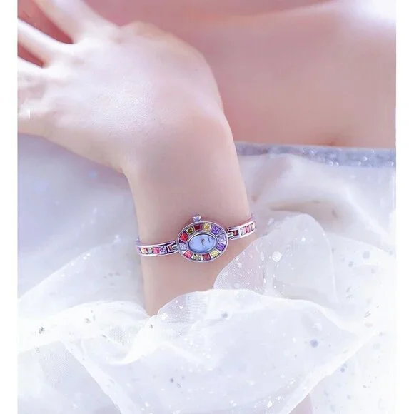 Women Silver Vintage Colorful Crystal Oval Watch Fashion Ladies Small Dial Dress - Picture 2 of 7